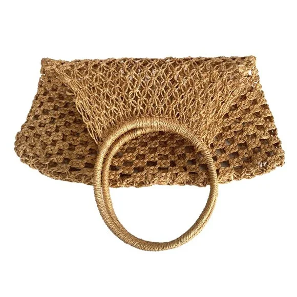 MANGO Shopper Bag Crochet Mesh Net Braided Jute Tote XL Handbag Brown Ltd Editio - Picture 10 of 14